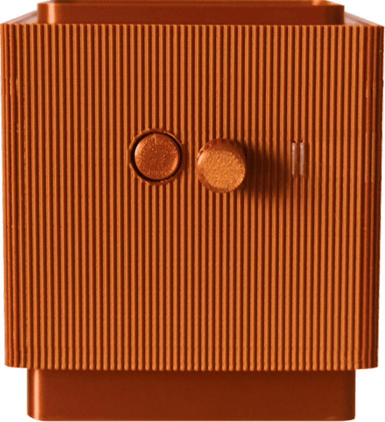 Plant Radio, a terracotta ribbed housing with two circular controls.